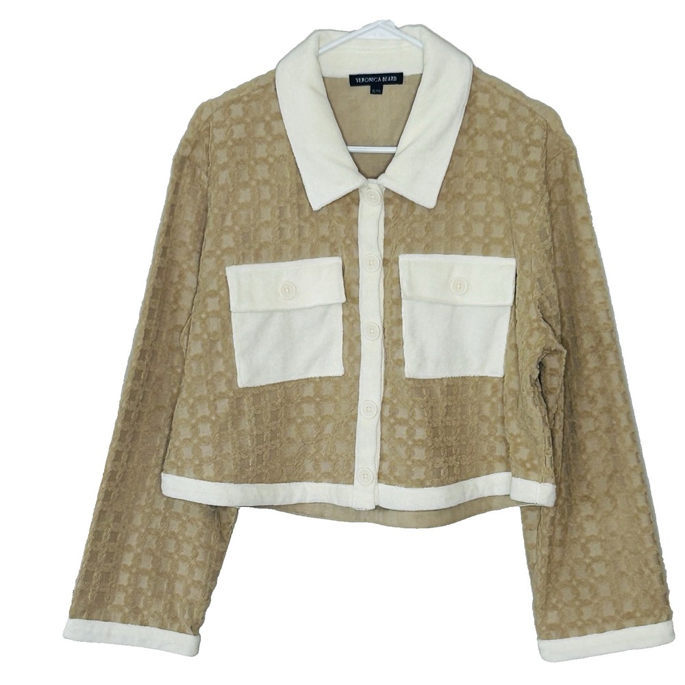 Veronica Beard Zariah Cropped Cardigan Sweater Jacket Khaki Tan Textured XL
